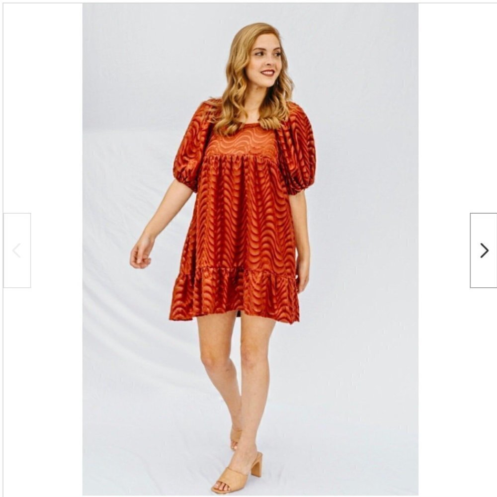 Moon River Rust Square Neck Half Puff Sleeve Mini Velvet Dress-Size L (NWT)